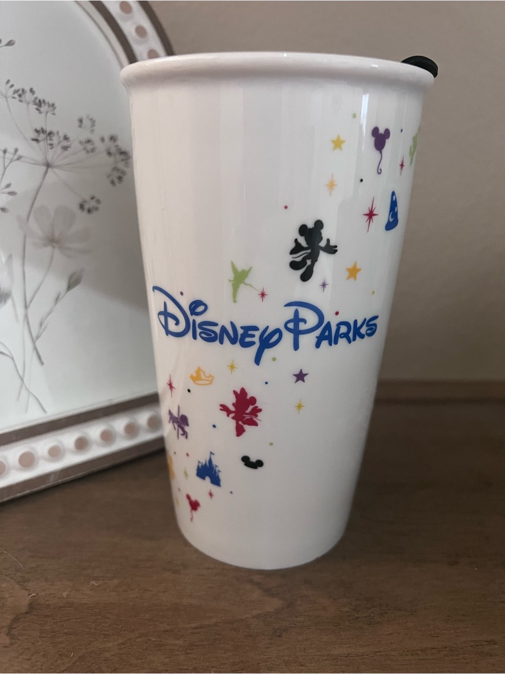 Starbucks and Disney White Travel Tumbler with Multicolor Park Icons With Lid